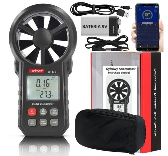 Wintact WT87B — digitālais anemometrs / gaisa plūsmas, temperatūras un mitruma mērītājs
