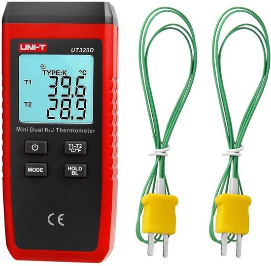 UNI-T UT320D 2 kanālu termometrs lietošanai kopā ar K/J-tipa sensoriem